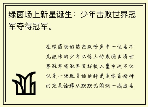 绿茵场上新星诞生：少年击败世界冠军夺得冠军。